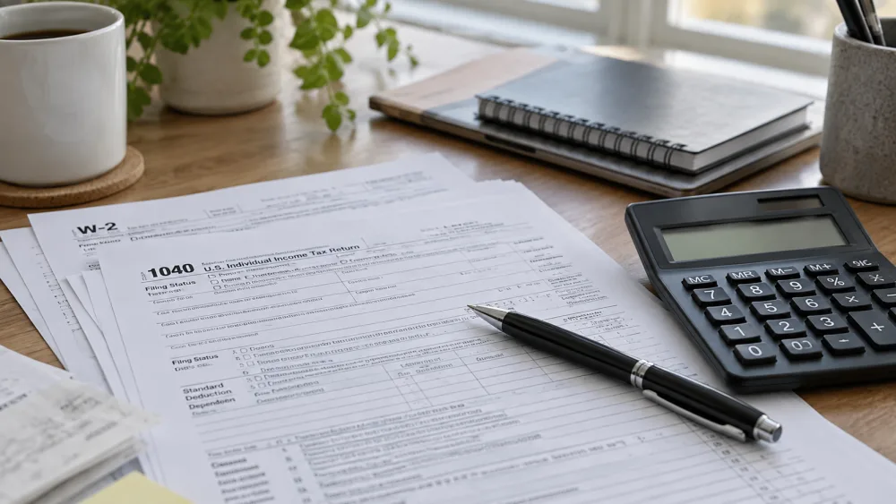 Accounting paperwork and calculator