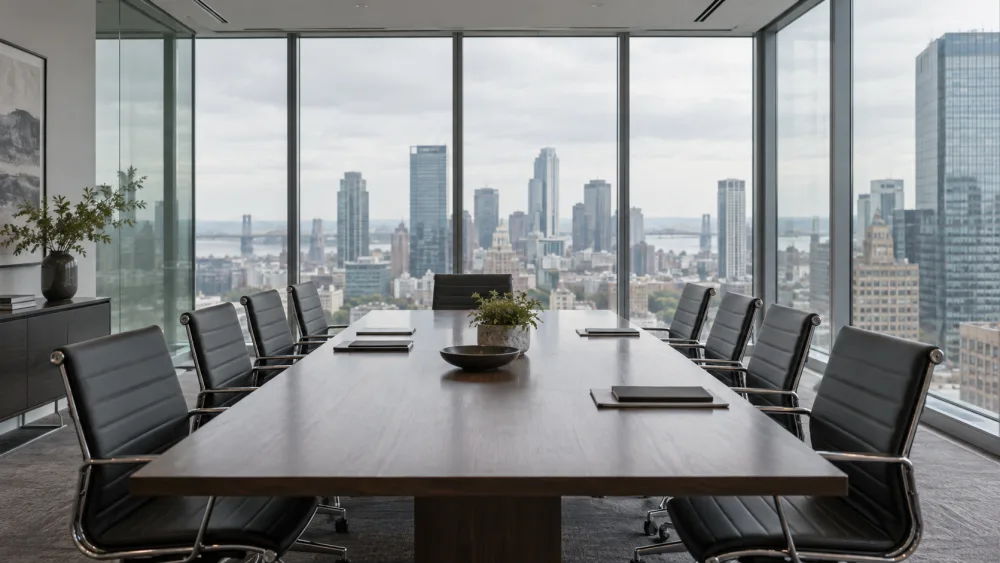 Conference room overlooking a city